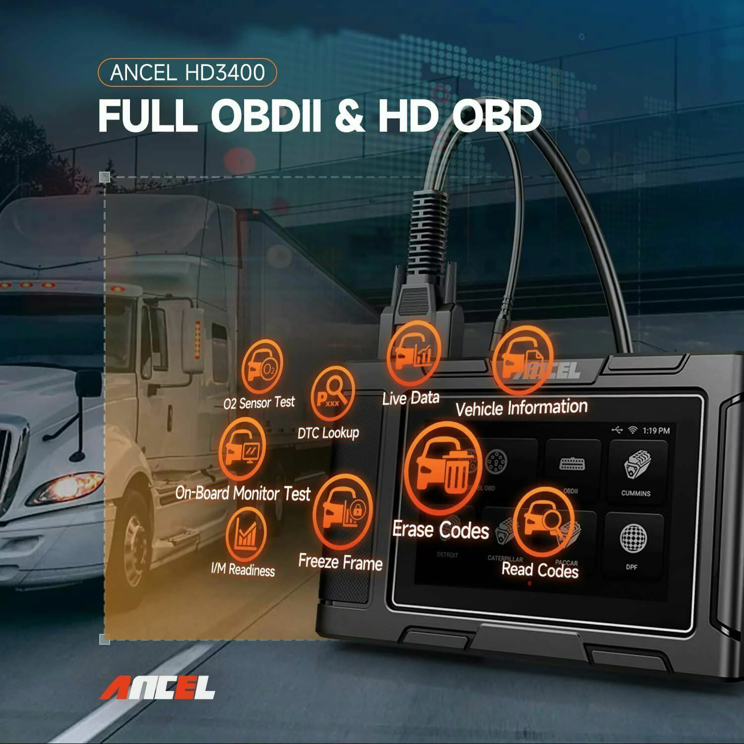 ANCEL HD3400 OBD2 Scanner Heavy Duty Truck DPF Regen Scanner  for Cummins Detroit Caterpillar Paccar 2-in-1 Diesel Truck Car All System Diagnostic Tools Code Reader