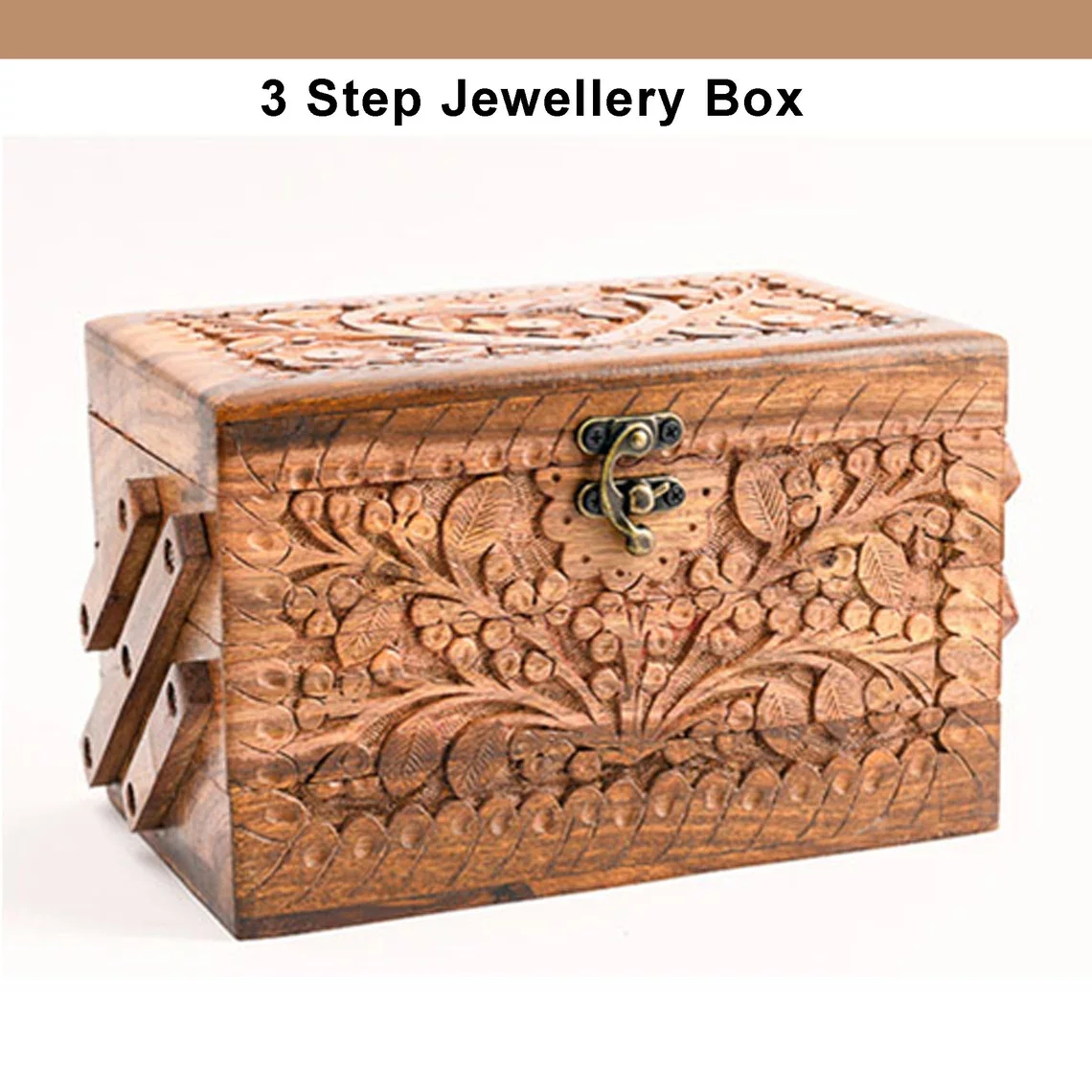 Zecky - 3 Layers Standing Jewellry Box for women, Hand Carved Wooden Jewelry Organizer Container with Lock for Earring Rings Necklaces Bracelets Sunglasses