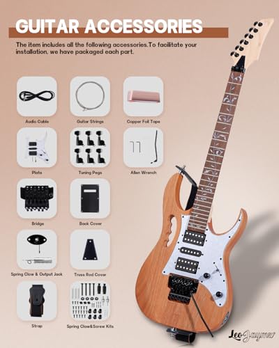 Leo Jaymz DIY Single Cut Electric Guitar Kits with Mahogany Body and Neck - Rosewood Fingerboard and All Components Included (LP Hollow)