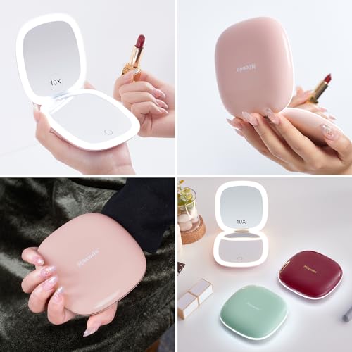 Compact LED Magnifying Travel Makeup-Mirror - 4 inches 1X/10X Magnification Small Hand Pocket Dimmable Double Sided USB Rechargeable Touch Screen, Portable Tabletop Cosmetic (White)