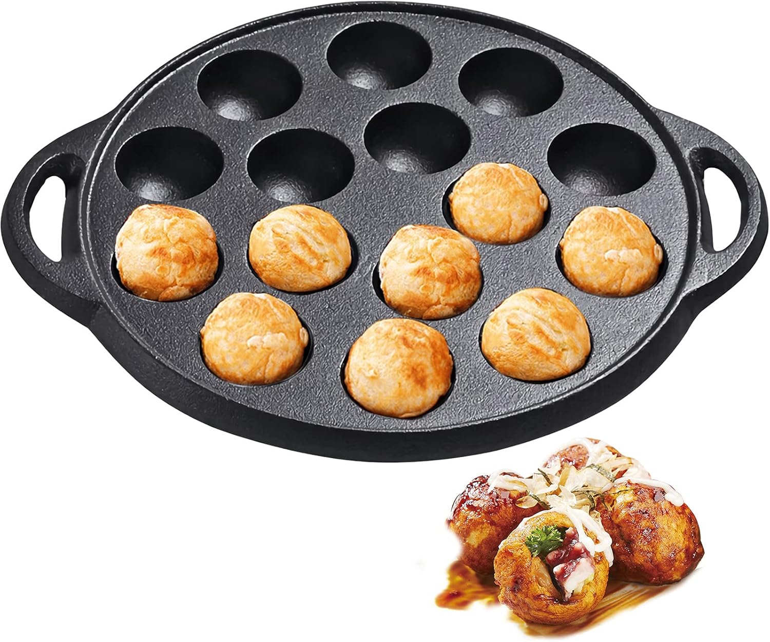 WUWEOT Non-Stick Aebleskiver Pan, Pre-Seasoned Cast Iron Pancake Octopus Ball Grill, 1.5