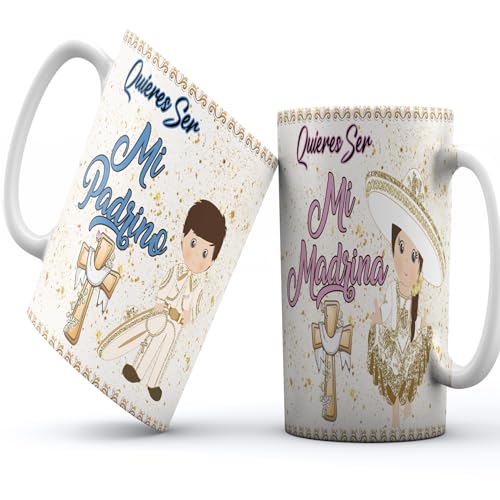 Propuesta para padrinos de bautizo, Set de 2 Tazas con moño de satin y tarjeta de agradecimiento,godfather proposal gifts,will you be my godfather,quieres ser mi madrina
