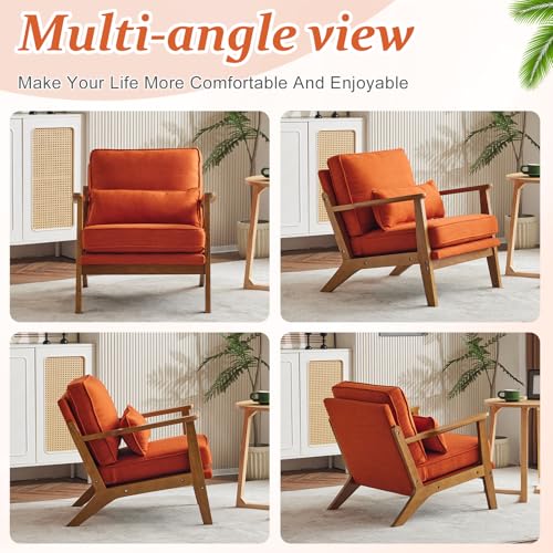 VINGLI Solid Wood Wide Armrests Accent Chair,Upholstered Mid Century Modern Chair with Pillow,Comfy Reading Chair Farmhouse Arm Chair,Chairs Living Room,Bedroom,Guest Room,Linen Fabric,Beige