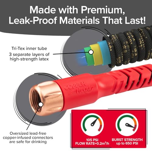 Pocket Hose Copper Head UV w/Pocket Pivot, Expandable Garden Hose 75 FT w/10 Pattern Thumb Sprayer AS-SEEN-ON-TV 650psi 3/4in Ultra-Light Solid Copper Anodized Aluminum Fittings No-Kink No-Lead