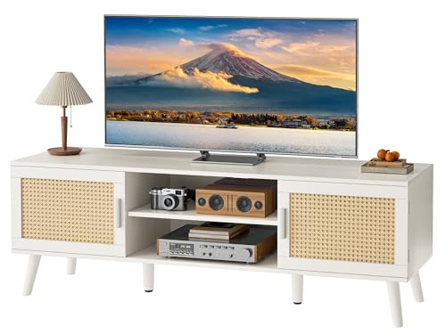SUPERJARE Boho TV Stand for 65 Inch TV, Entertainment Center with Adjustable Shelf, Rattan TV Console with 2 Cabinets, Media Console, Solid Wood Feet, 4 Cord Holes, for Living Room - Natural