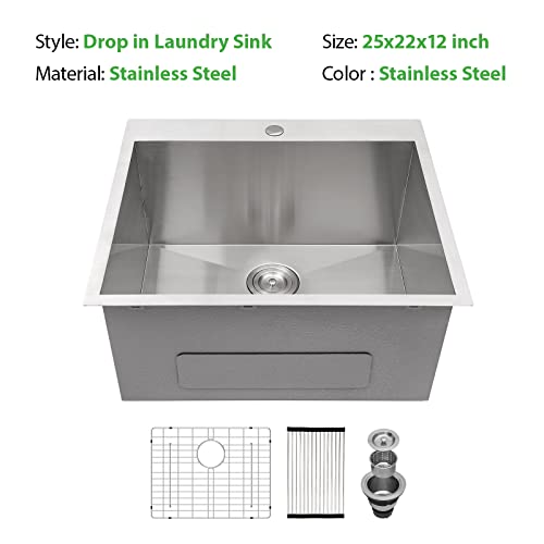 25 Inch Utility Laundry Sink Drop In 16 Gauge Stainless Steel Single Bowl Laundry Room Sink Laundry & Utility Room Kitchen Sinks 25