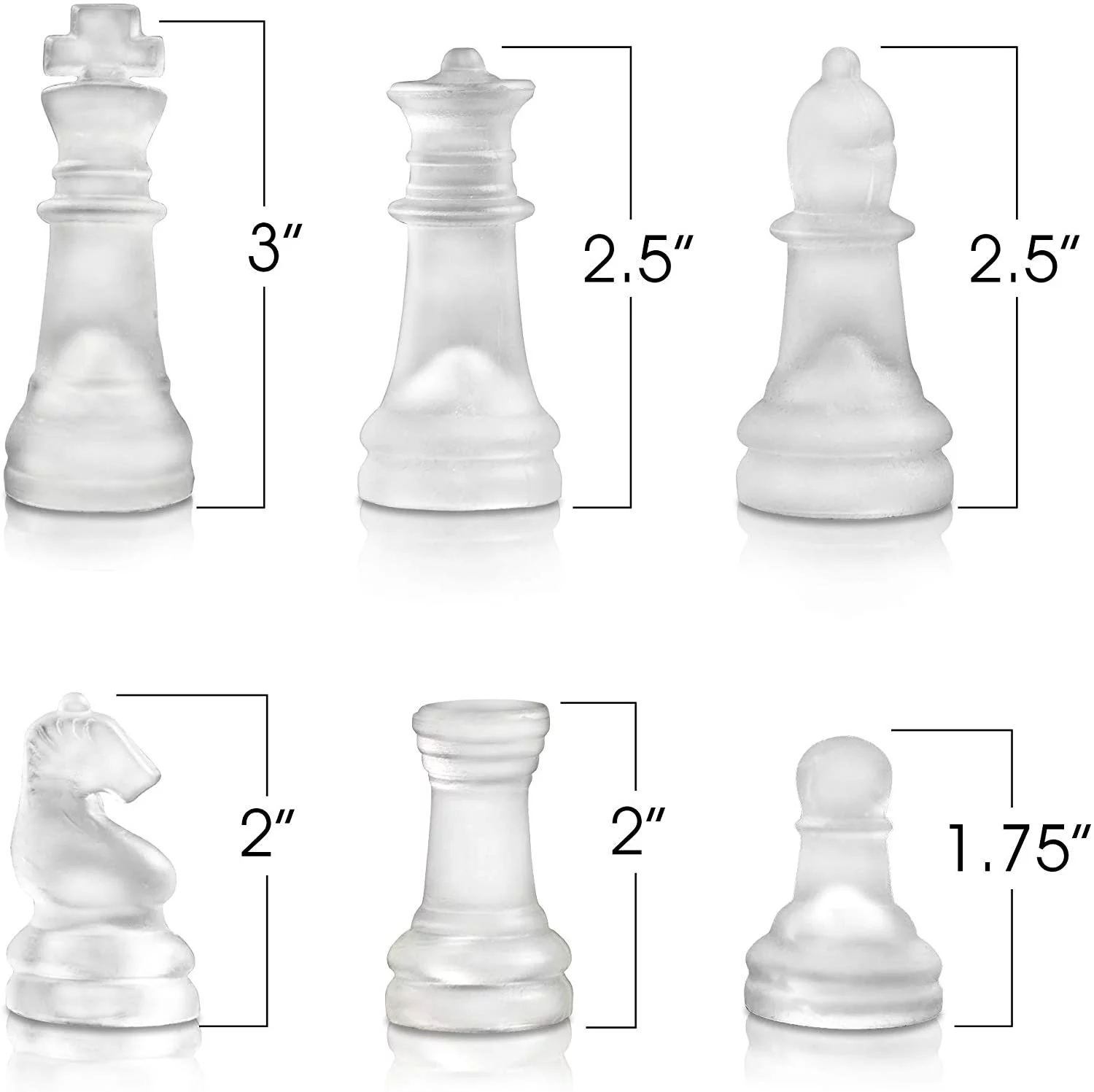 Gamie 12 inch Glass Chess Set, Elegant Design, 32 Frosted Clear Pieces