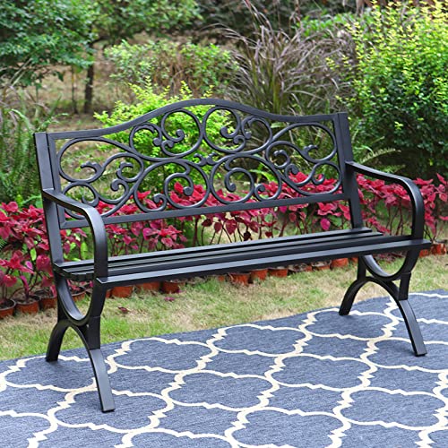 MFSTUDIO 50 Inches Outdoor Garden Bench, Cast Iron Metal Frame Patio Park Bench with Floral Pattern Backrest, Arch Legs for Porch, Lawn, Yard-Bronze