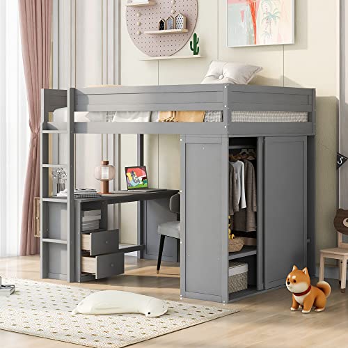 Merax Loft Bed Full Size Adult, Wood Frame with Desk and Wardrobe, Storage Design with Drawers & Cabinet, for Teen Girls & Boys(Grey)