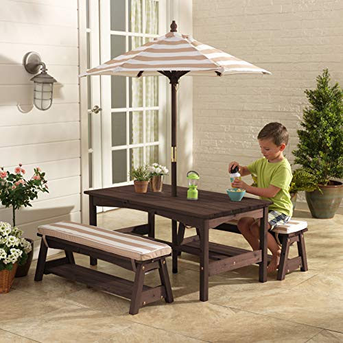 KidKraft Outdoor Wooden Table & Bench Set with Cushions and Umbrella, Kids Backyard Furniture, Navy and White Stripe Fabric