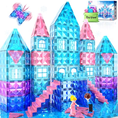 Magnetic Tiles 102pcs with 2 Stairs 2 Dolls Princess Castle Building Girls Toys Age 4-5 6-8 Magnetic Blocks Birthday Xmas Gifts for Girls Toys for 3 4 5 6 7 8+ Year Old