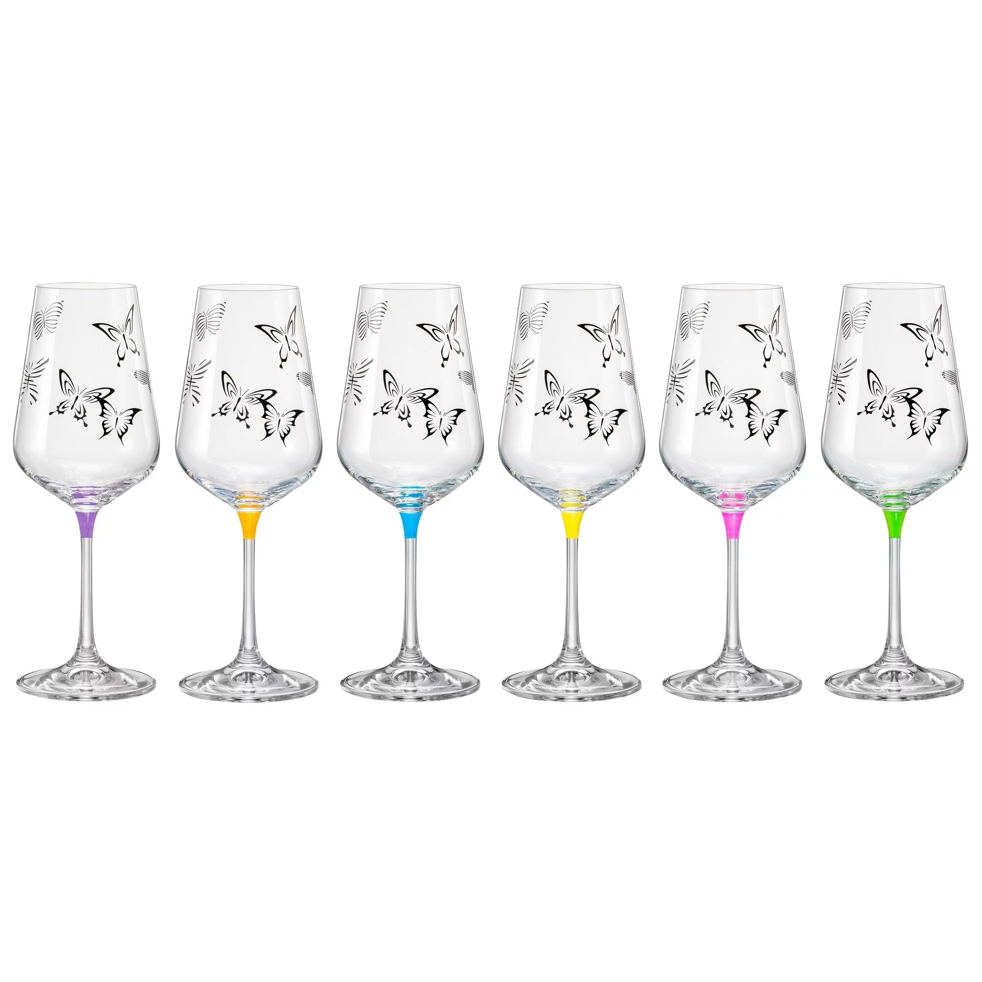 Majestic Gifts Inc.  Set/6 assorted Colors Butterfly Imprinted Wine Glasses- 12 oz. -Made in Europe