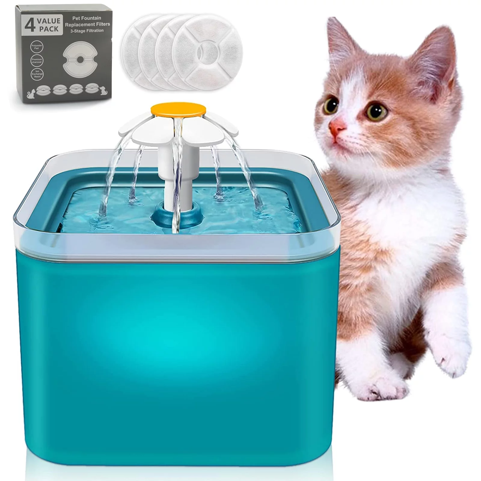 Cat Water Fountain, 2L/68oz Pet Water Fountain for Cats Inside, Automatic Dog Drinking Dispenser with Replacement Filters Quiet Pump LED Lights, Cats Dogs and Birds Use, Green
