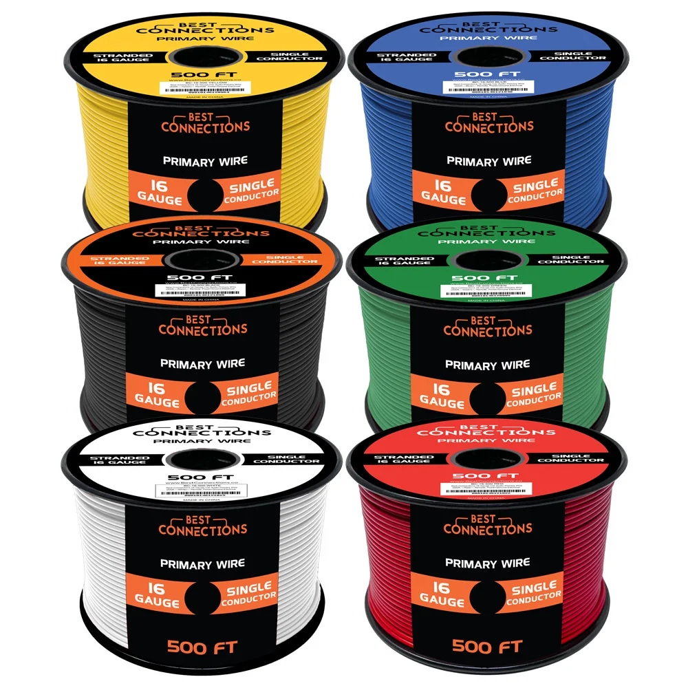 BEST CONNECTIONS 16 Gauge Automotive Primary Wire (500ft Each 6 Color Bundle Set) | Ideal for Trailer, and Lighting Circuits | Durable Primary/Remote, Power/Ground Electrical Wiring