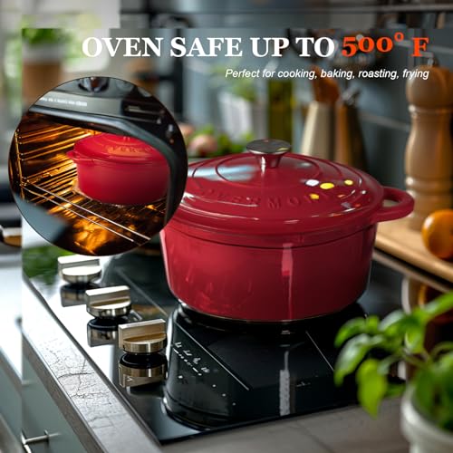 Overmont Enameled Cast Iron Dutch Oven - 5.5QT Pot with Lid Cookbook & Cotton Potholders - Heavy-Duty Cookware for Braising, Stews, Roasting, Bread Baking bottle green