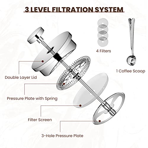 Velaze French Press Coffee Maker 34oz, Double Wall Insulated French Coffee Press Stainless Steel, 1L Coffee Maker Included 4 Extra Fliters and 1 Coffee Spoon, Silver