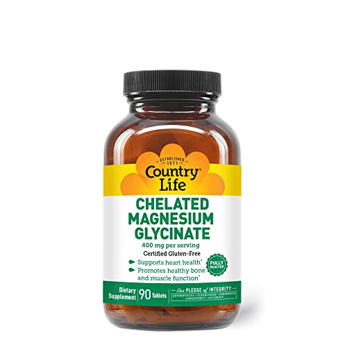 Country Life Chelated Magnesium Glycinate 400mg, 180 Tablets, Certified Gluten Free, Certified Vegan, Certified Halal, Non-GMO Verified