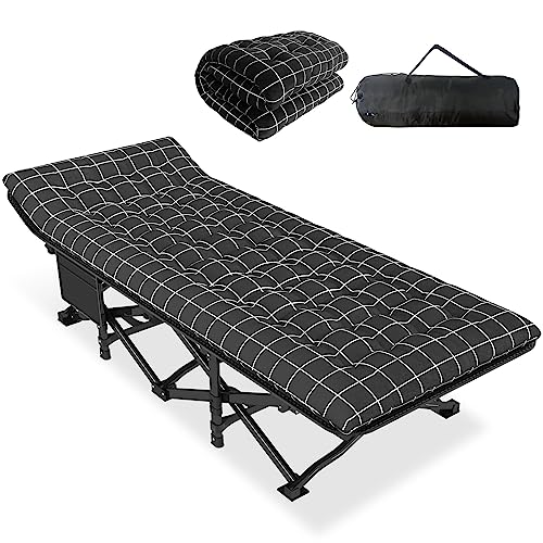 ATORPOK Camping Cot for Adults with Cushion Comfortable, Portable Folding Bed for Sleeping, Lightweight Folding Bed with Carry Bag for Kids Supports 450 lbs (Black)