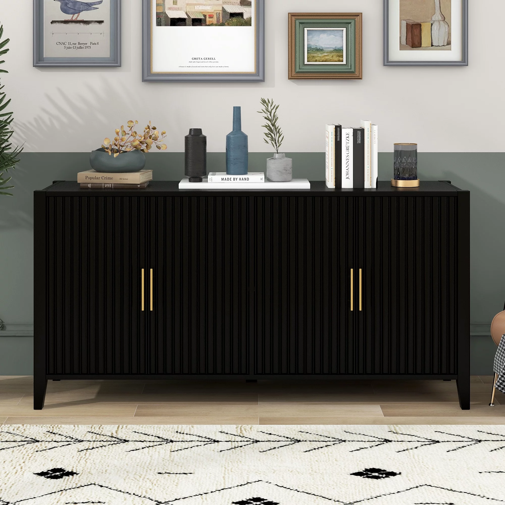 Black Accent Cabinet, KAMIDA Storage Cabinet Furniture, Modern Buffet Sideboard, Wooden Accent Cabinet with 5 Legs, Accent Storage Cabinet for Entryway Hallway Living Room, 63.1