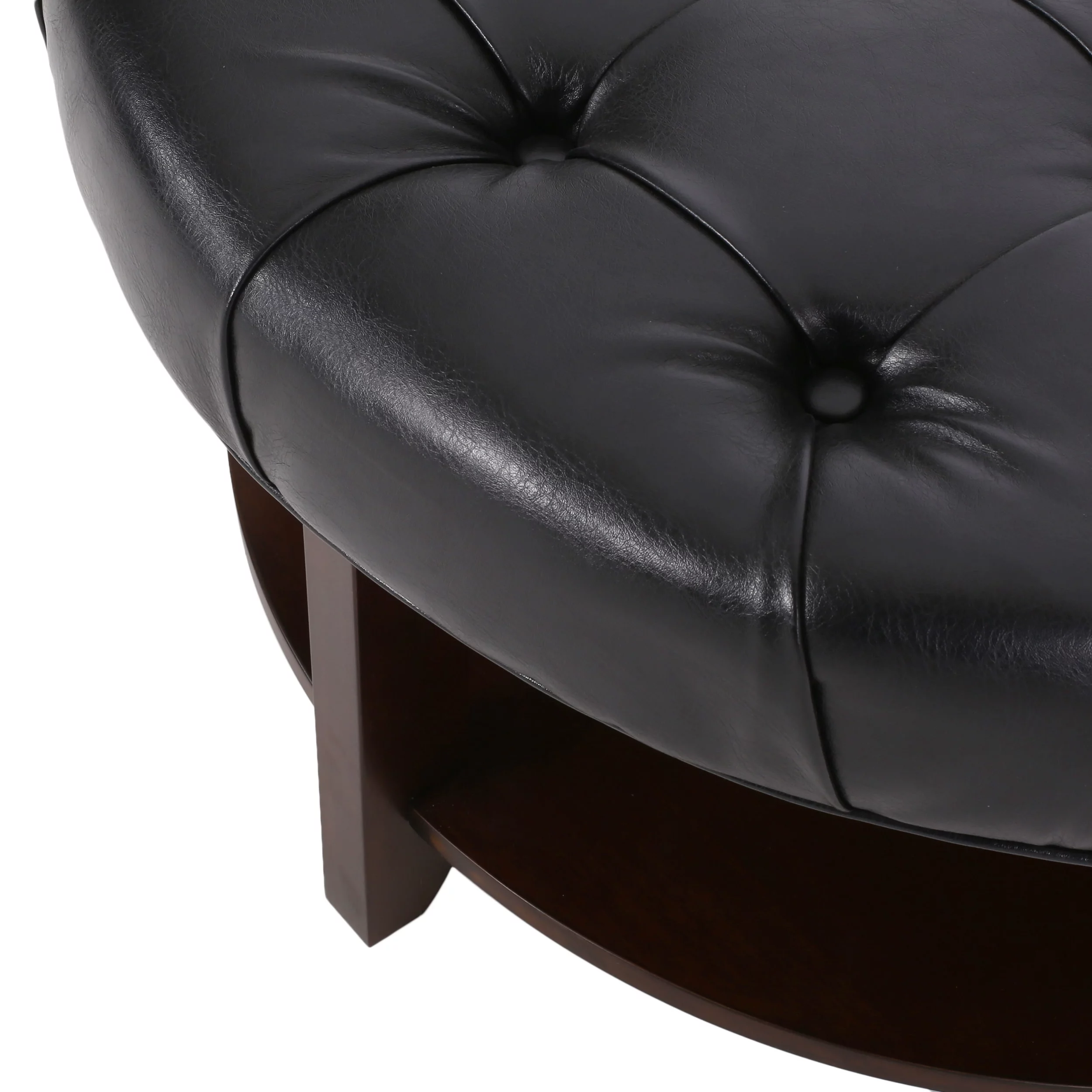 Noble House Aldrich Faux Leather and Wood Tufted Round Ottoman with Open Shelf, Midnight Black and Espresso