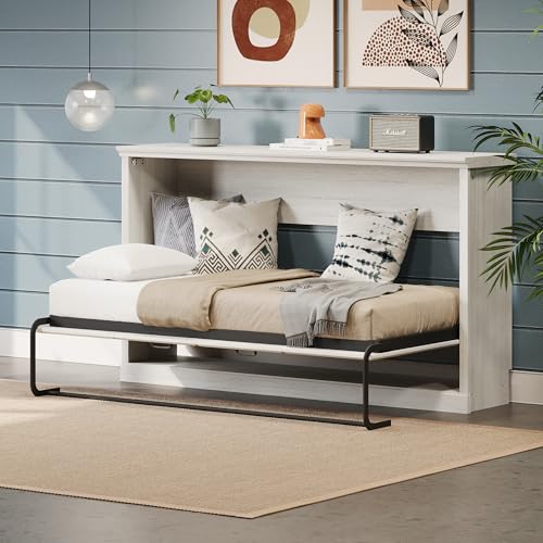 Merax Twin Size Murphy Bed Wall Bed with 1 Storage Bookshelf and USB Charging Station, Folding into a Cabinet, Space Saving Bedroom Furniture for Multipurpose Guest Room, Home Office, Rustic White