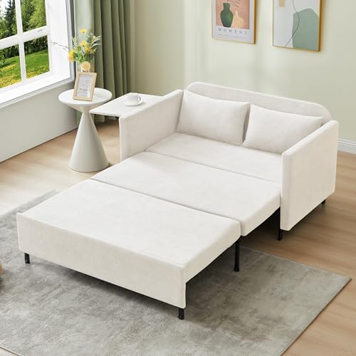 3-in-1 Sleeper Sofa Bed, 51'' Convertible Folding Couch with Pullout Bed, Chenille Futon Sleeper Sofa with Side Table and 2 Pillows, Modern Loveseat Couch for Living Room, Bedroom, Home Office (Grey)