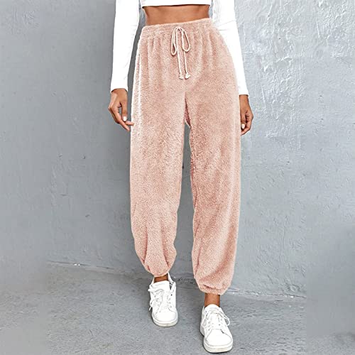 Cute Fleece Warm Pant for Women Solid Color Drawstring Sherpa Wide Leg Pant Cinch Bottom Plush Thickened Pants with Pockets