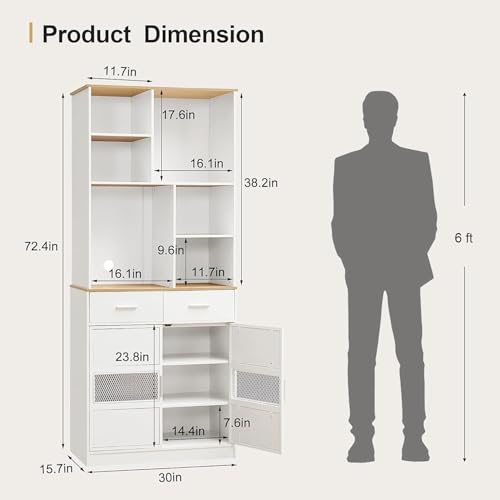 VECELO Kitchen Pantry Cabinet, 72'' Tall Pantry with Microwave Stand, Kitchen Hutch with Storage Drawers and Shelves for Dining Room, Living Room, White