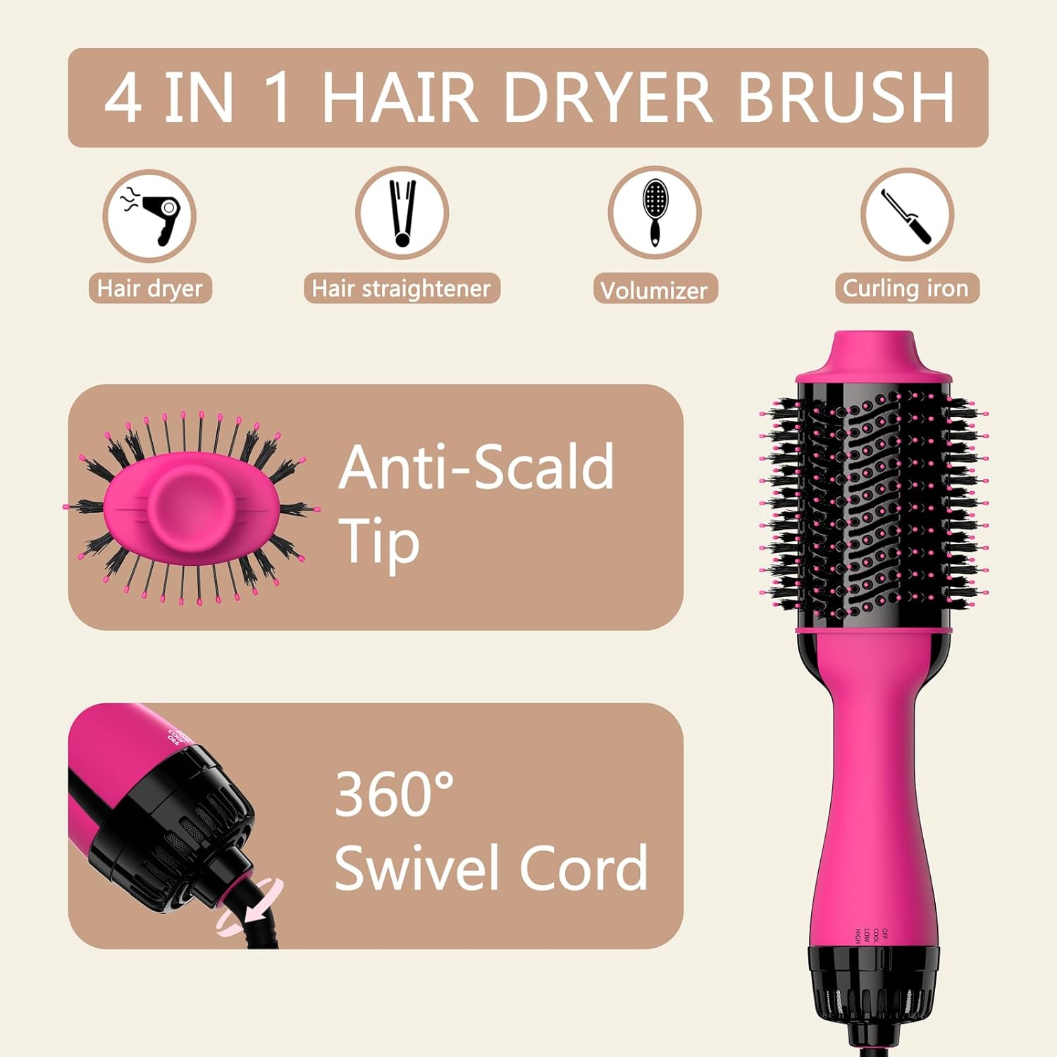 Hair Dryer Brush Blow Dryer Brush in One Upgraded 4 in 1 Hair Dryer and Styler Volumizer with Negative Ion Anti-frizz Ceramic Titanium Barrel Hot Air Brush