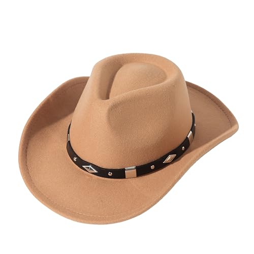 Lanzom Women Men Classic Felt Wide Brim Western Cowboy Cowgirl Hat with Belt Buckle