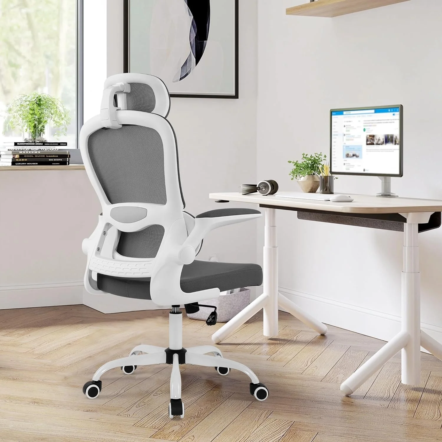 RUNFAYBIU Office Chair Ergonomic Office Chair Home Office Desk Chairs with Wheels  Lumbar Support  Adjustable Headrest and Flip-up Armrest (Gray)