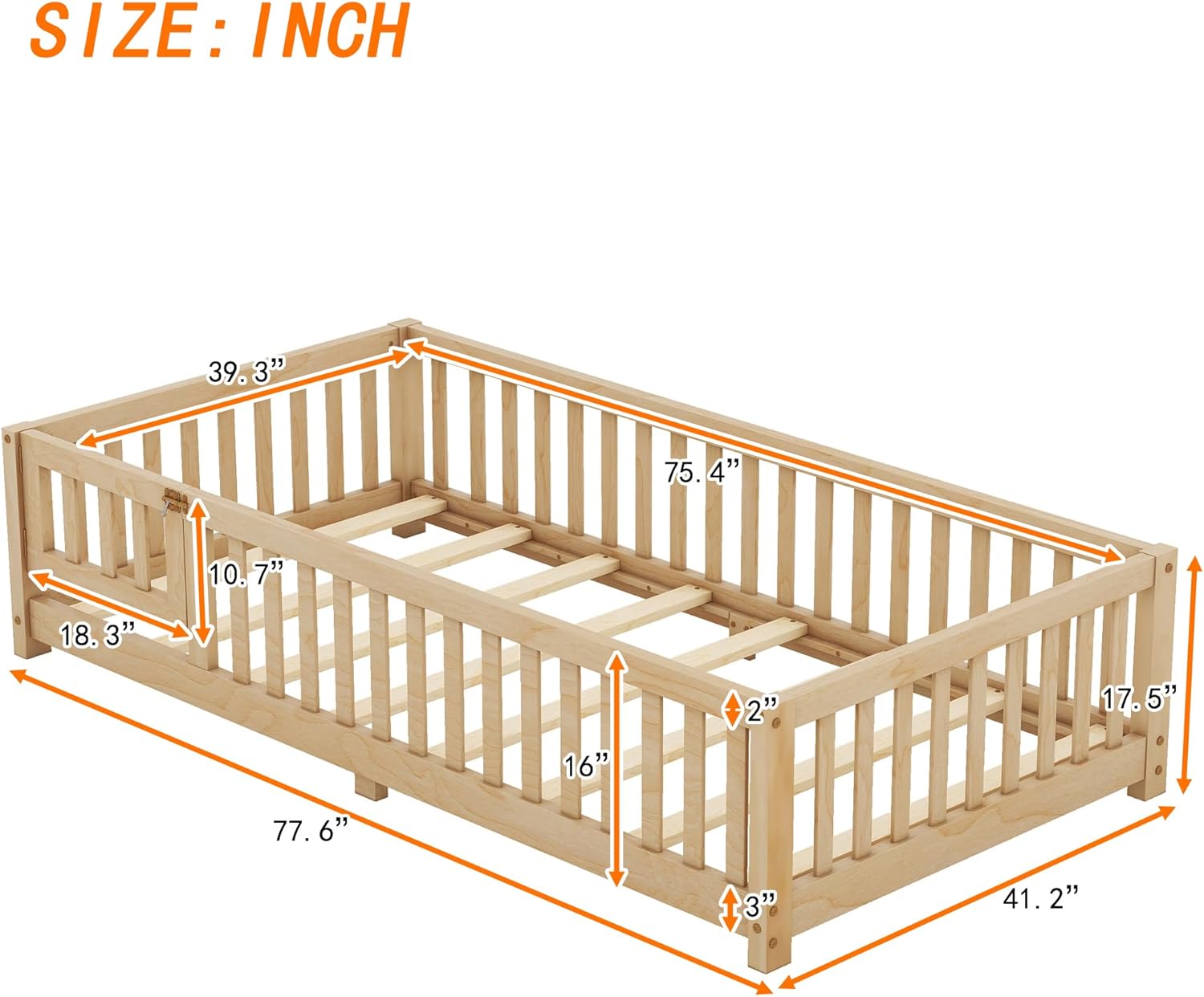 VOXIV Twin Size Montessori Floor Bed,Twin Size Floor Bed with Door and Fence, Floor-Bed-Frame for Children Bedroom,Toddlers, Boys Girls,Easy Assembly,Natural
