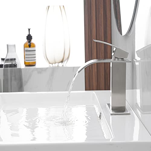 BWE Vessel Sink Faucet Modern Waterfall Chrome Single Hole Bathroom Faucet Single Handle with Pop up Drain Without Overflow Assembly Vanity Basin Bath Sink Faucets Mixer Tap