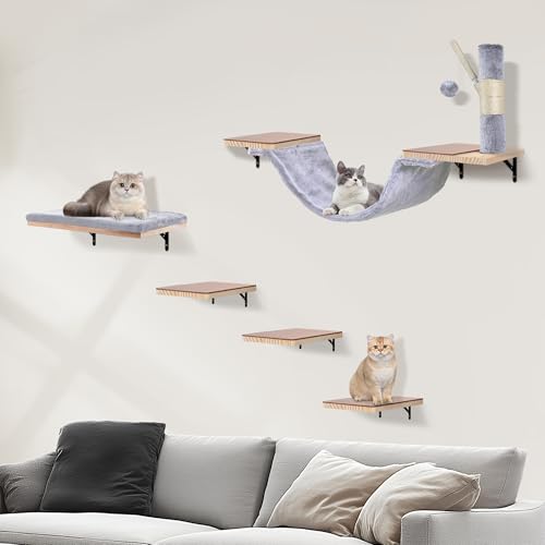 Wall Mounted Cat Climber Set, Cat Wall Shelves,Cat Wall Furniture Set,with Hammock,Jumping Boards,Sofa,Steps,Scratching Post,Hanging Ball and Felt Pads, Suit for Cats Climb, Jump,Scratch-Beige