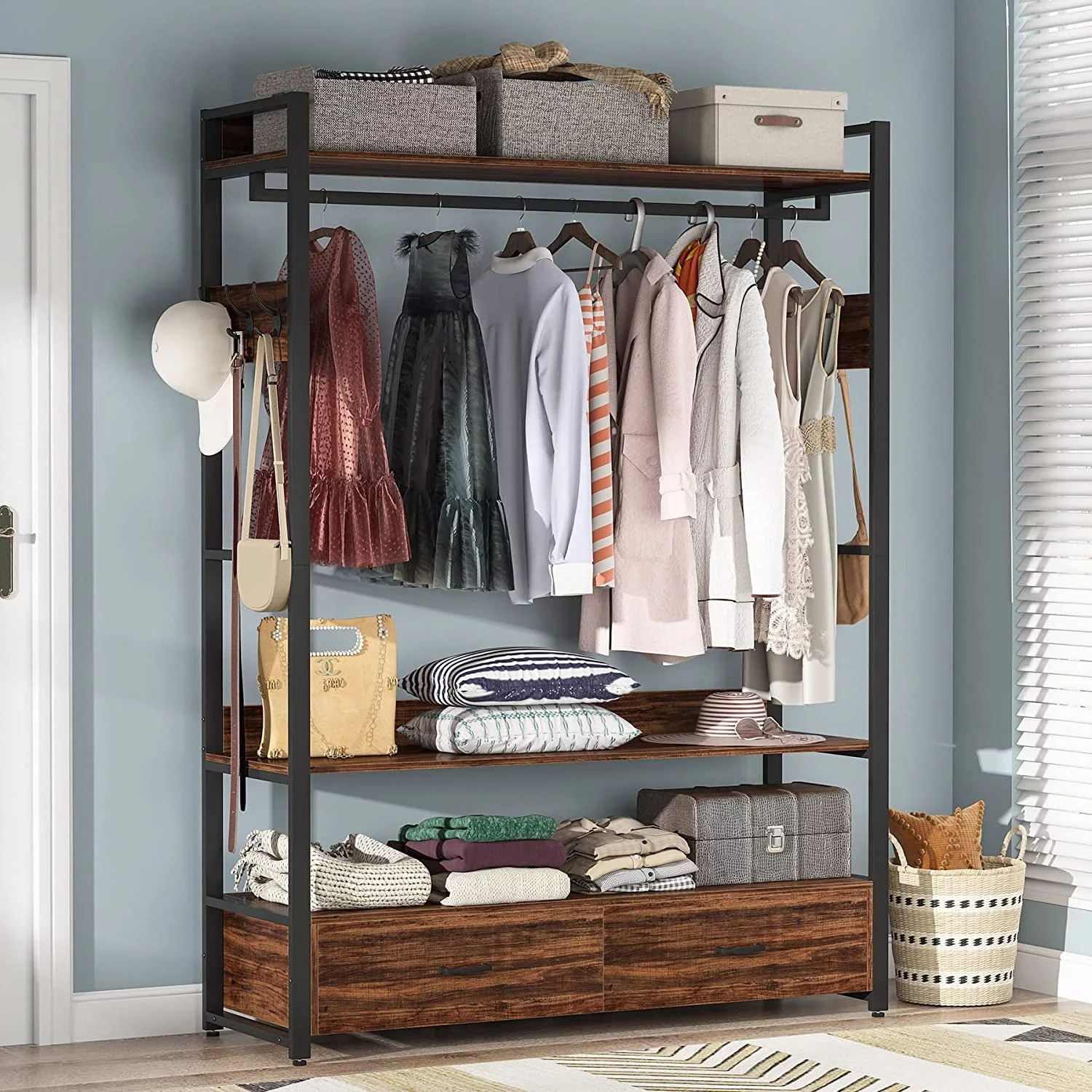 Tribesigns Closet, Heavy Duty Clothes Rack with Shelves Hanging Rod and 2 Drawers for Bedroom, Rustic Brown