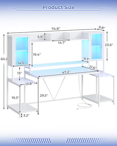 SEDETA Gaming Desk 74.8'' with LED Lights, Hutch and Storage Shelves, Computer Desk with Monitor Stand, Large PC Gamer Desk Workstation, Ergonomic Gaming Table for Bedroom, Living Room, Black