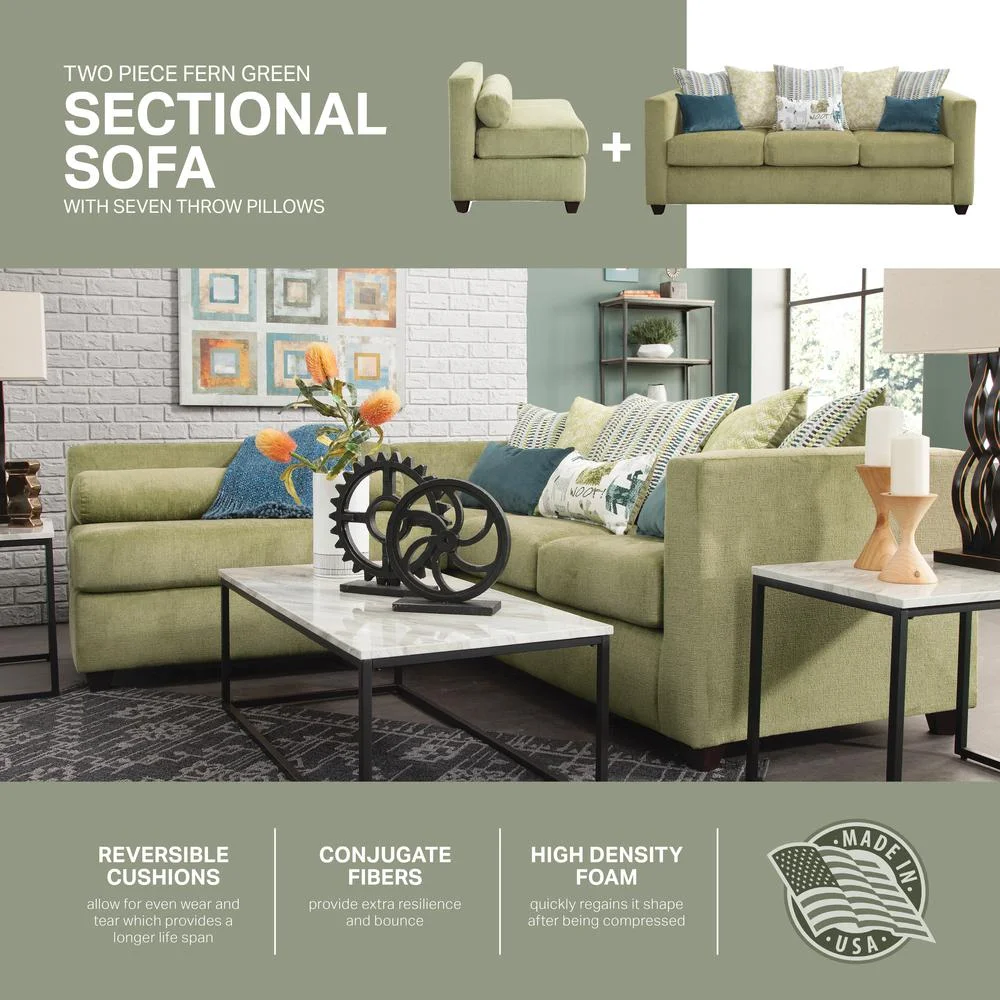 American Furniture Classics Model 8-010-A238V5 Urban Square Arm Green Sofa with Eight Throw Pillows