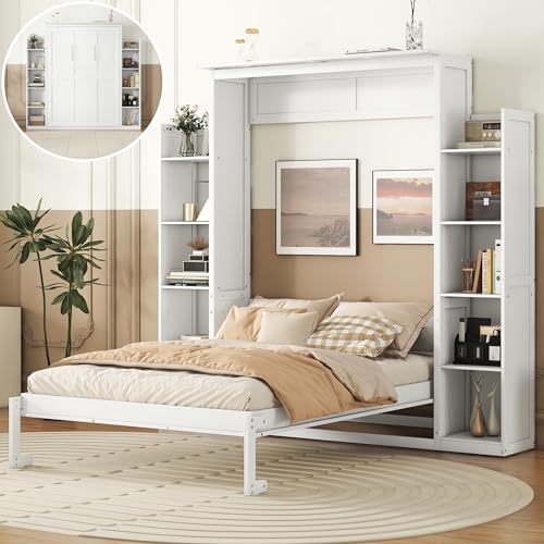 Queen Size Murphy Bed with Shelves and LED Lights, Foldable Wood Wall Bed Frame with Flexible Slats Support, Can Be Folded Into Cabinet, for Guest Room Bedroom, Space-Saving Design (White-02, Full)