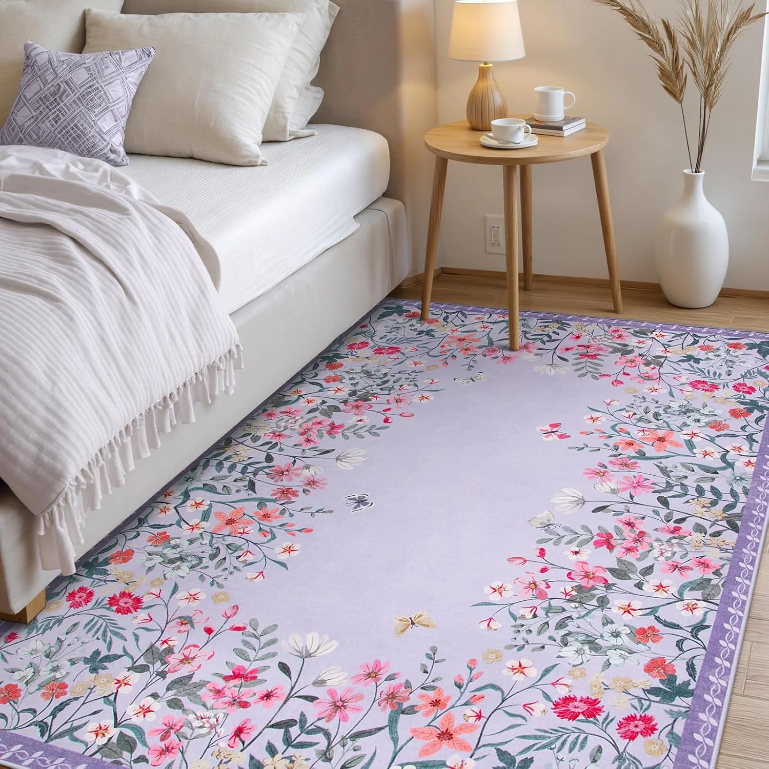 Washable 4x6 Rug, Purple Rugs for Girls Bedroom, Soft Non-Slip Nursery Area Rug, Floral Rug Kids Room Low Pile Throw Carpet for Dorm Decor (Purple,4'x6')
