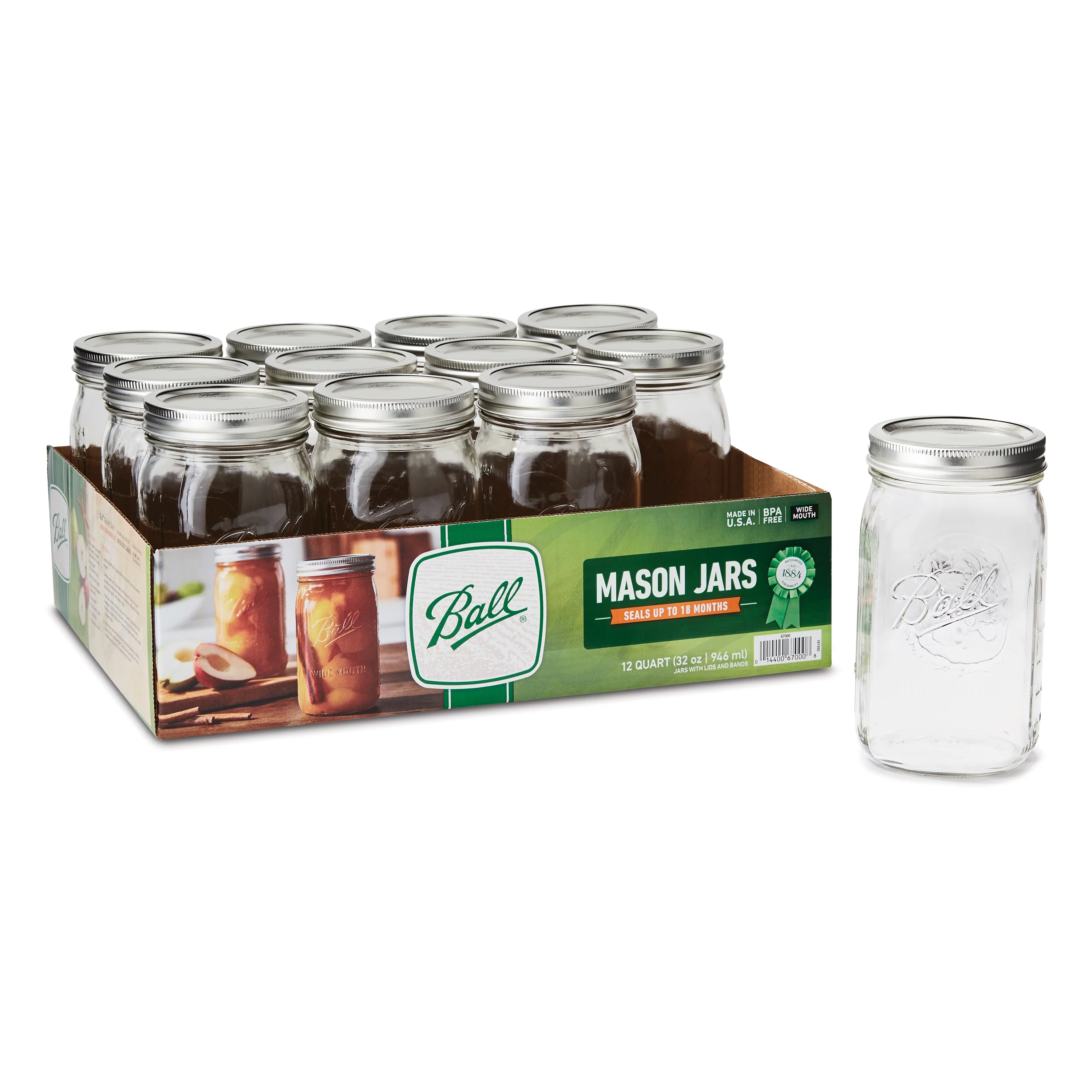 Ball, Glass Mason Jars with Lids & Bands, Wide Mouth, 32 oz, 12 Count