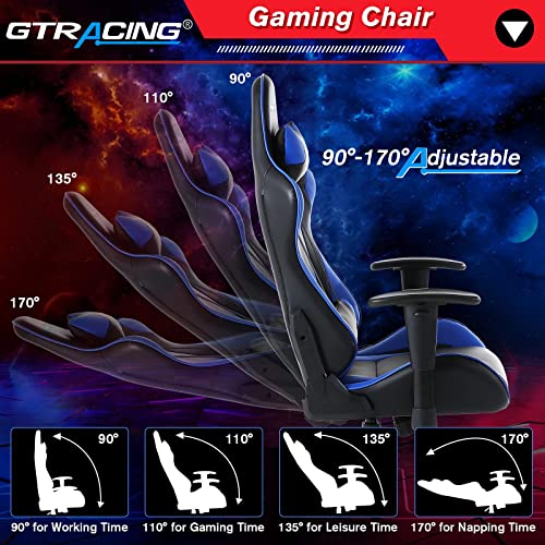 GTRACING Gaming Chair with Footrest, Ergonomic Computer Game Desk Chair, Recline Gaming Chair Seat Height Adjustment, Swivel Rocker with Headrest and Lumbar (Blue)