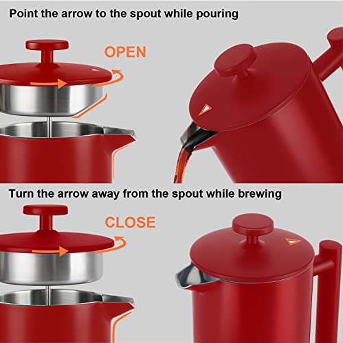 Secura French Press Coffee Maker, 304 Grade Stainless Steel Insulated Coffee Press with 2 Extra Screens, 34oz (1 Litre), Silver