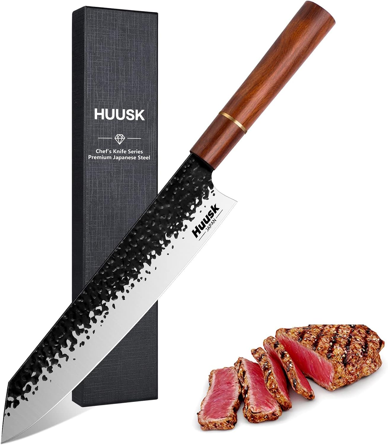 Huusk Kiritsuke Chef Knife - 9 Inch Japanese Kitchen Knife, Professional High Carbon Steel Sharp Sushi knife with Ergonomic Rosewood Handle for Meat, Fish, Vegetables, Gift for Dad