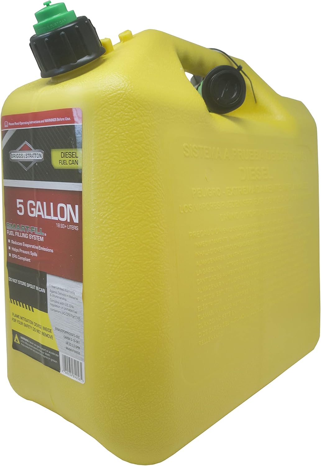 Briggs & Stratton Five Gallon Diesel Can, EPA Approved, Smart Fill Spout, and Fire Mitigation (FMD) Compliant