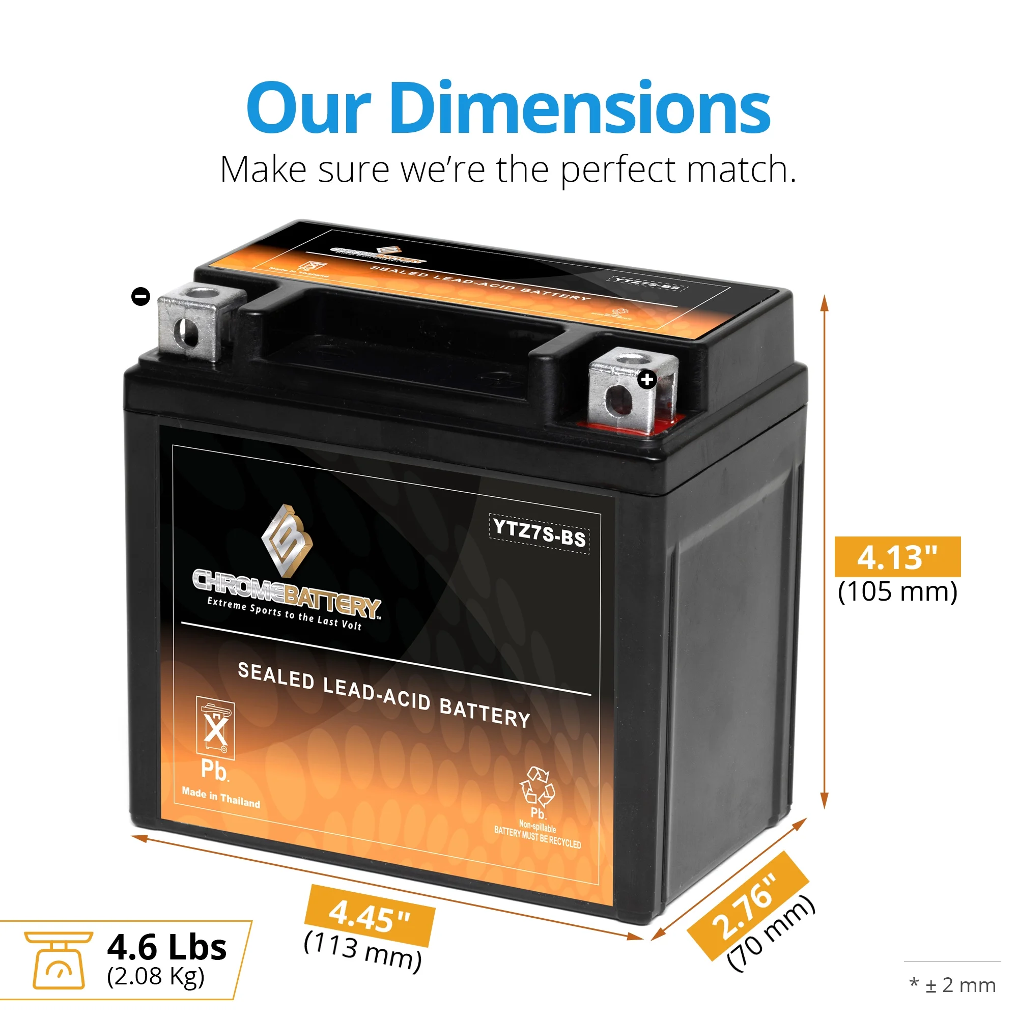 Chrome Battery Ytz7s-bs (ytz7s 12 Volts,6 Ah, 90 Cca) Scooter Battery for Yamaha Yw50a, F, Fx Zuma 50cc, Years (2002 - 2019)