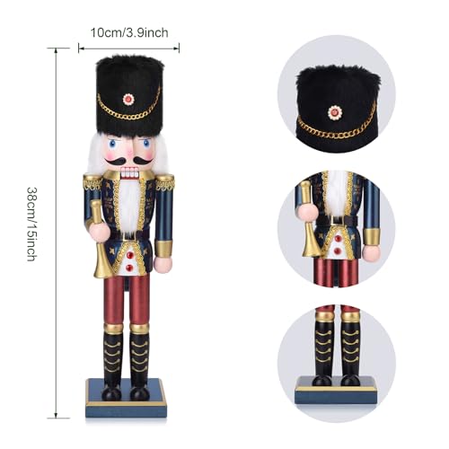 Wooden Christmas Nutcracker Soldier with Bugle, 15 Inch Handcrafted Nutcracker Figure Christmas Decor for Shelves and Tables