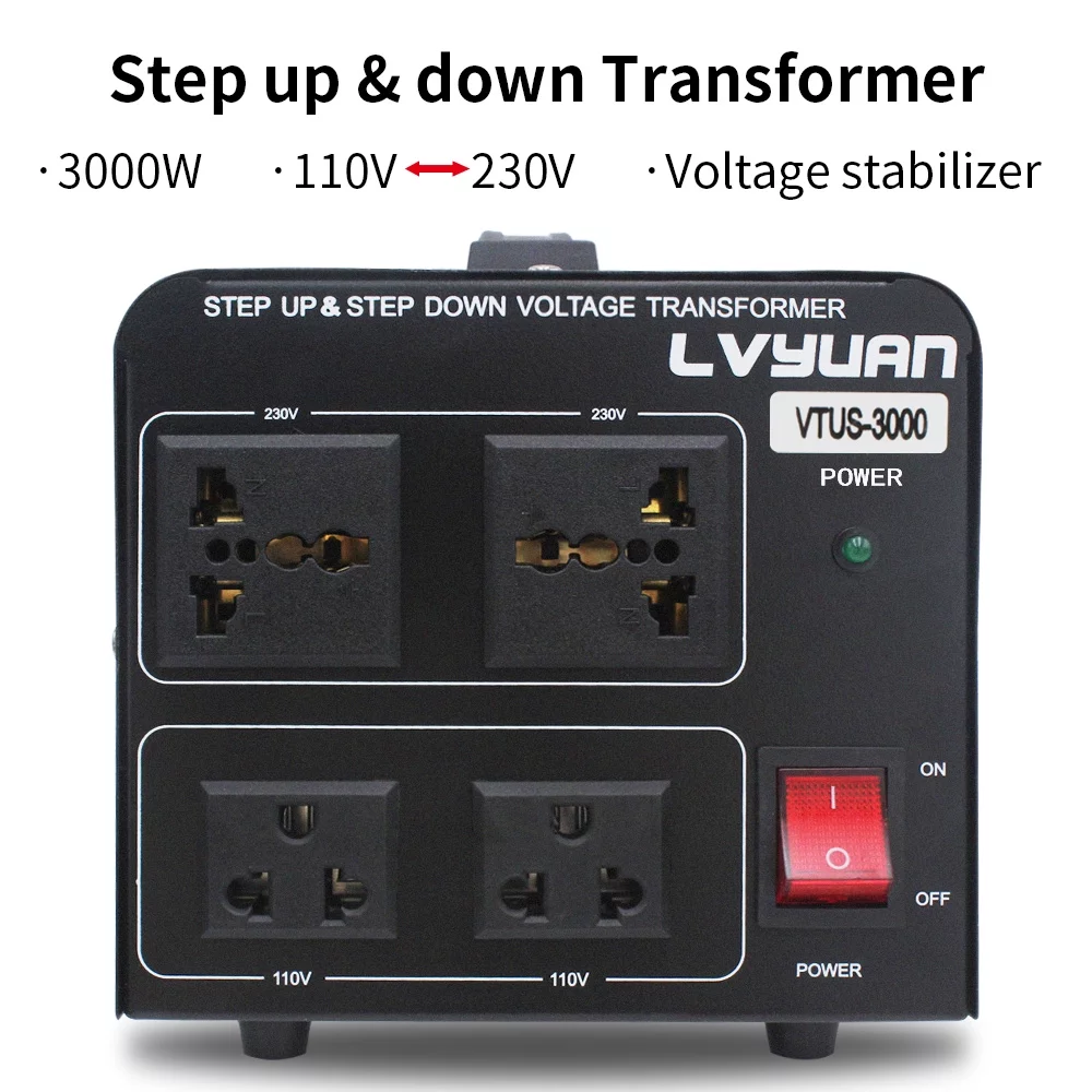 LVYUAN 3000 Watts Peak Voltage Converter Transformer Step Up/Down 110V to 220V / 220V to 110V Circuit Breaker Protection