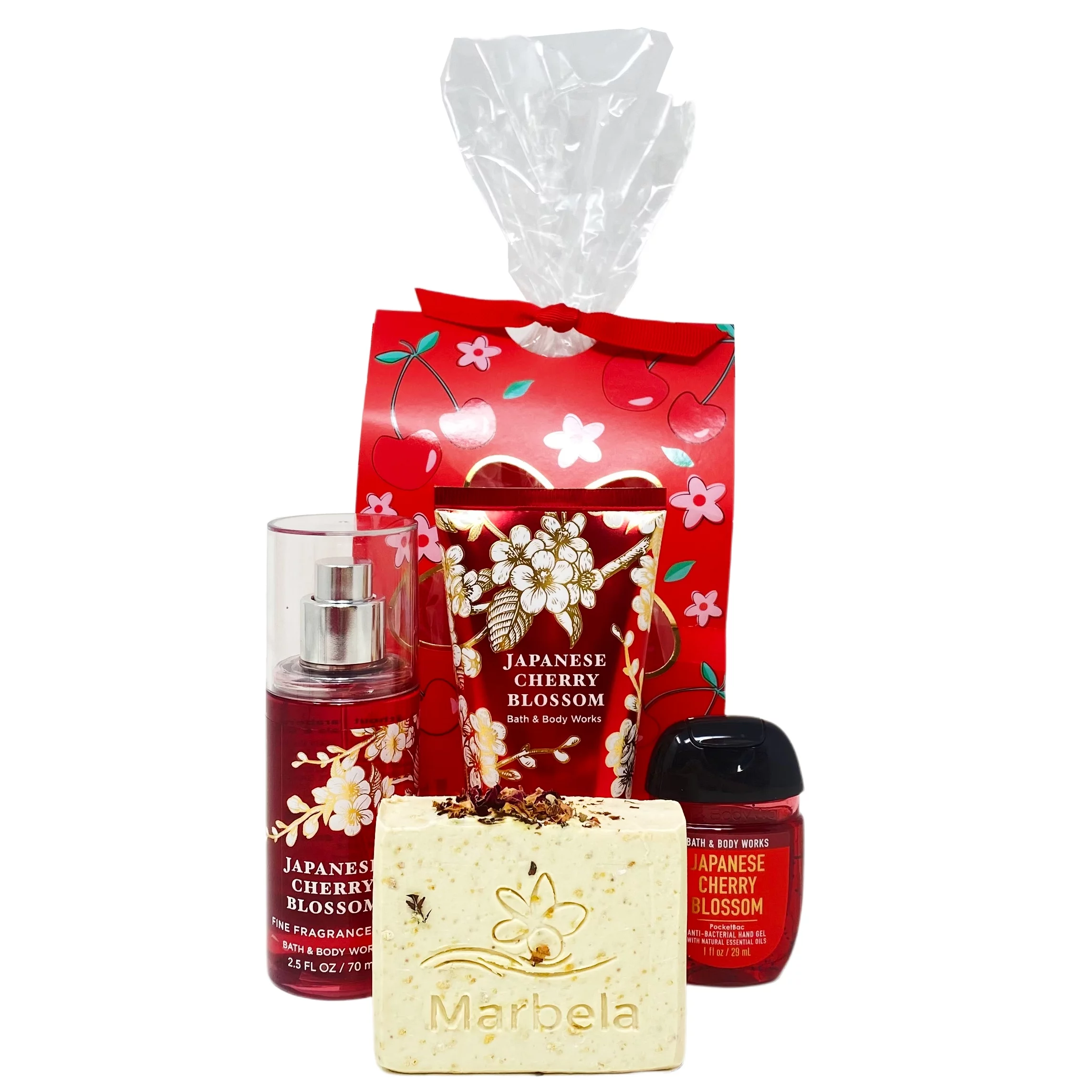 Bath and Body Works Japanese Cherry Blossom with Marbela Creamy Rose Soap Mini Gift Set Bag- Fragrance Mist - Ultimate Hydration Body Cream - Hand Gel - and Creamy Rose Artisan Marbela Handmade Soap