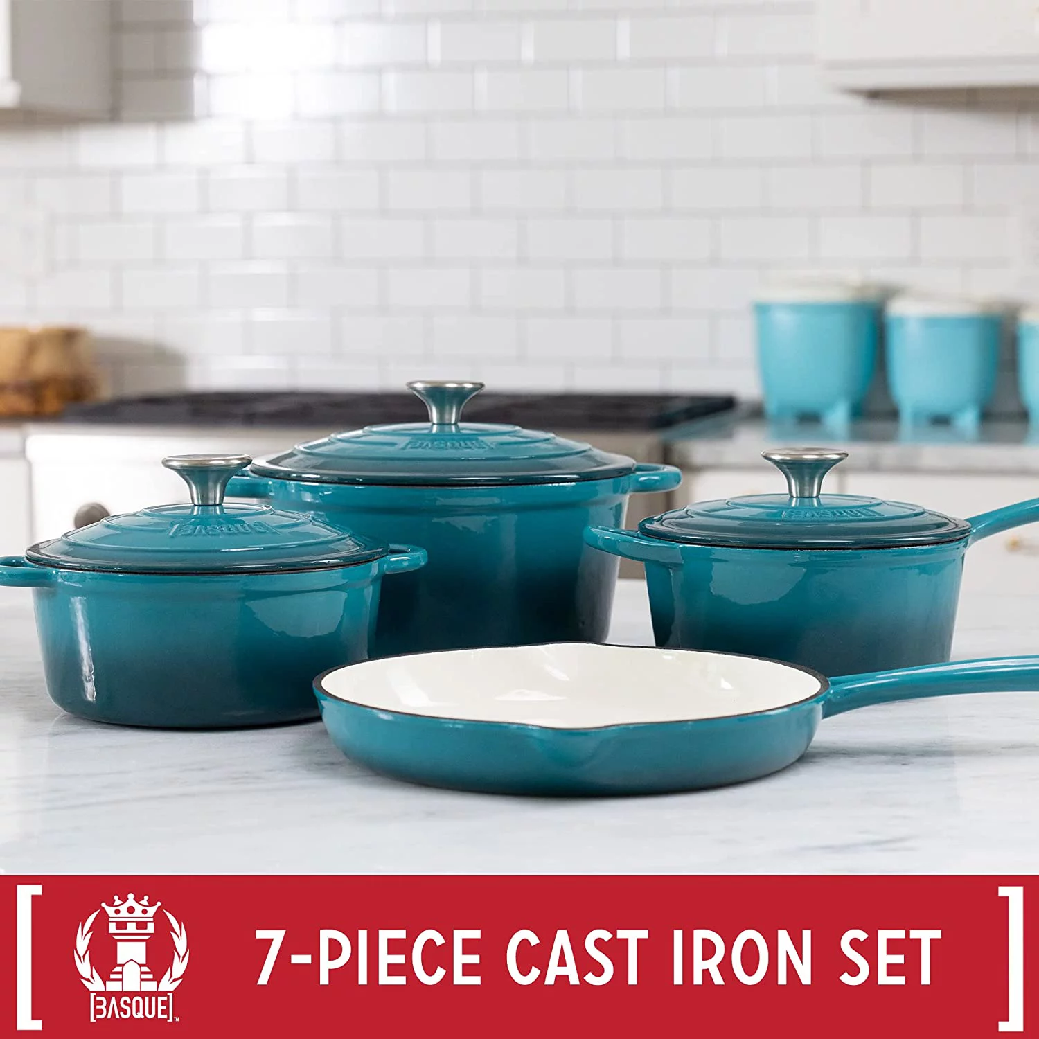 Excellent Basque Enameled Cast Iron Cookware Set  7-Piece Set (Biscay Blue)  Nonstick  Oversized Handles  Oven Safe; Skillet  Saucepan  Small Dutch Oven  Large Dutch Oven  10.25"  2QT