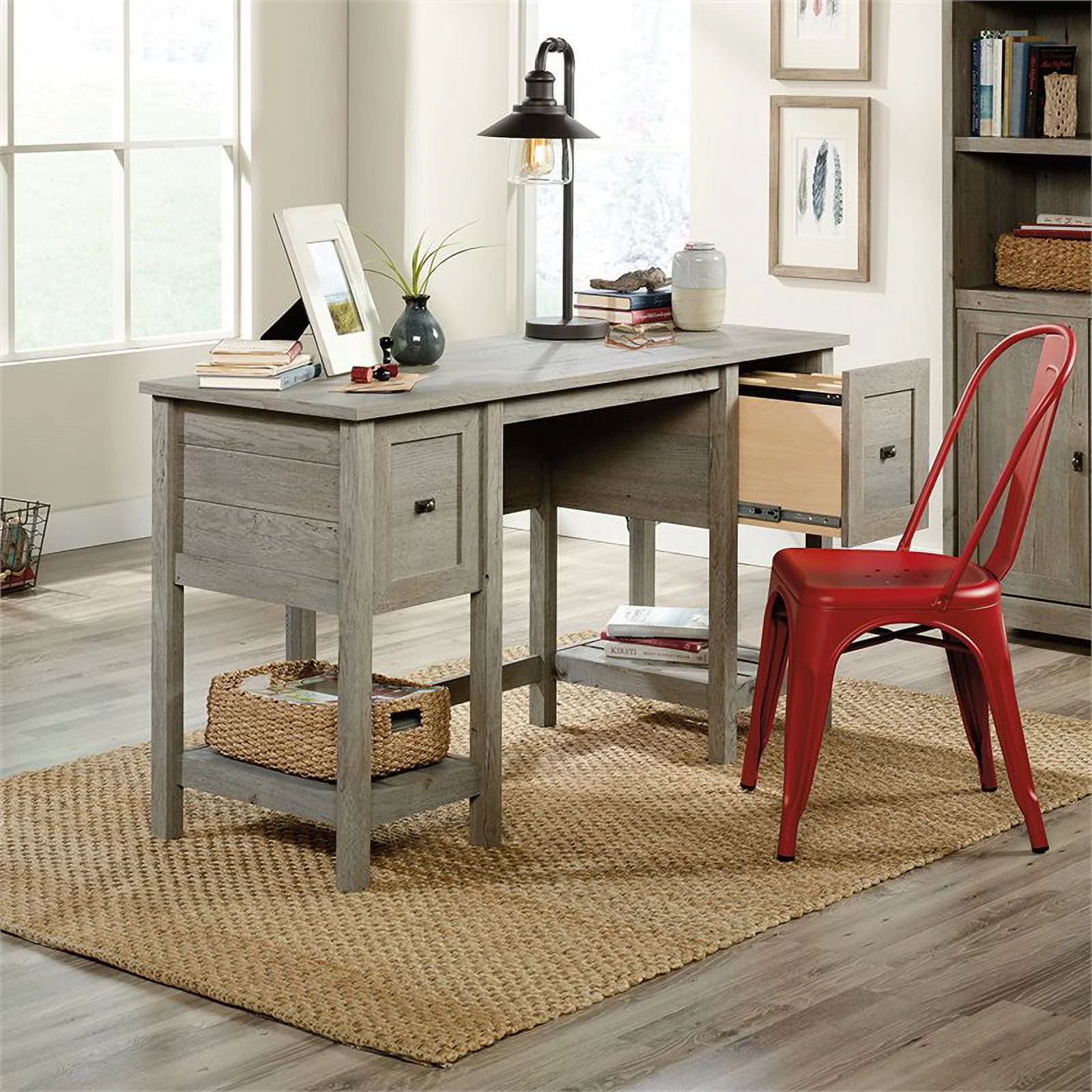 Pemberly Row Engineered Wood Writing Desk in Mystic Oak